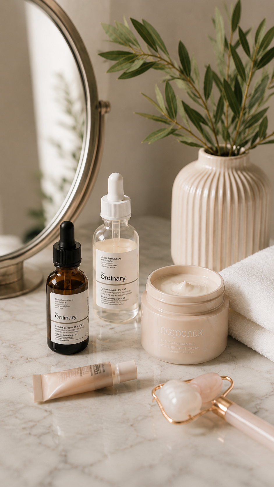 Minimalist skincare setup on a marble vanity with beauty serums, moisturiser, towel, mirror, ceramic vase, and rose quartz facial roller in soft natural light.