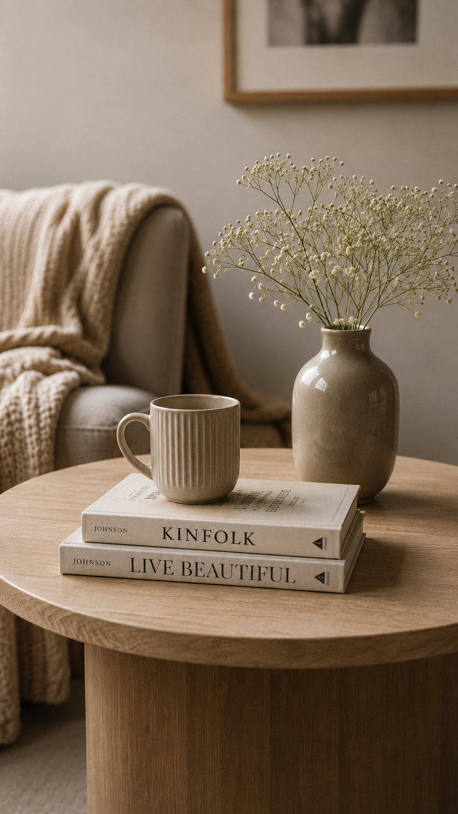Neutral-toned living room scene with a wooden coffee table, ceramic mug, stacked books, dried flowers, cosy armchair, and warm ambient lighting.